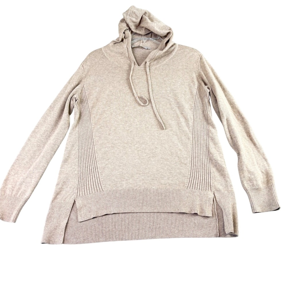 Athleta Womens M Tan Oatmeal Heather Knit Hoodie Sweater High Low Ribbed Side